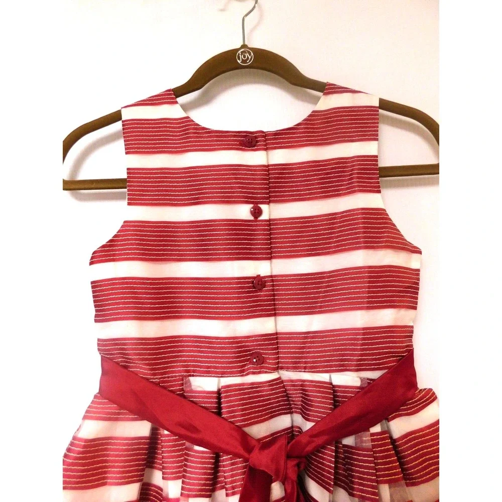 Jona Michelle Girls Size 10  Cranberry and White Striped Dress‎ Bow in front